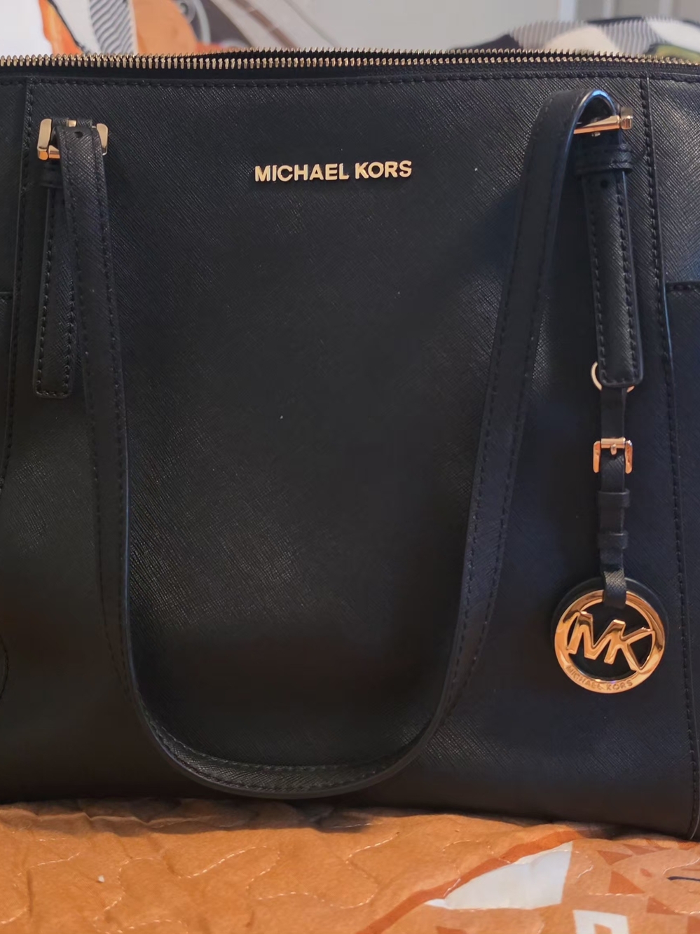 Michael Kors Black Leather Tote with Gold MK Charm